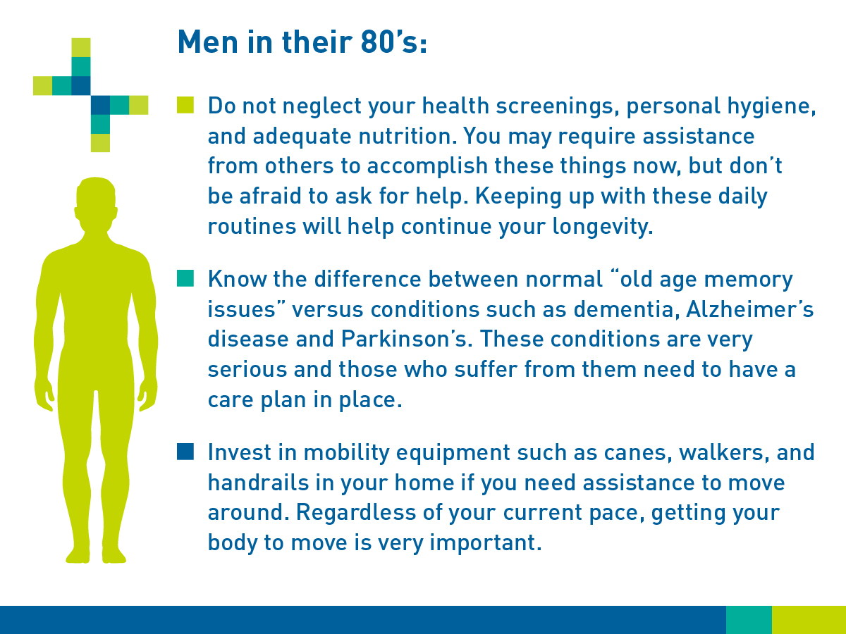 Men in their 80s: Do not neglect your health screenings, personal hygiene, and adequate nutrition. You may require assistance from others to accomplish these things now, but don’t be afraid to ask for help. Keeping up with these daily routines will help continue your longevity. Know the difference between normal “old-age memory issues” versus conditions such as dementia, Alzheimer’s disease, and Parkinson’s. These conditions are very serious and those who suffer from them need to have a care plan in place. Invest in mobility equipment such as canes, walkers, and handrails in your home if you need assistance to move around. Regardless of your current pace, getting your body to move is very important.